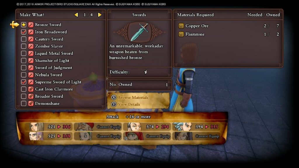 Choosing an item on the forge menu. | Dragon Quest XI