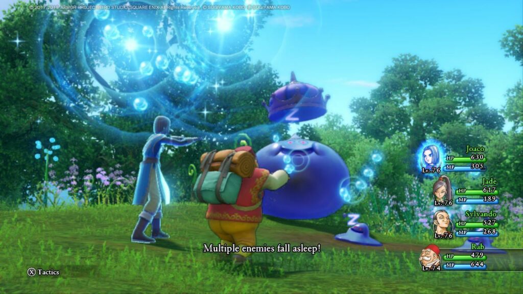 Hero and Rab using Dirge of Dundrasil against the metal slimes. | Dragon Quest XI