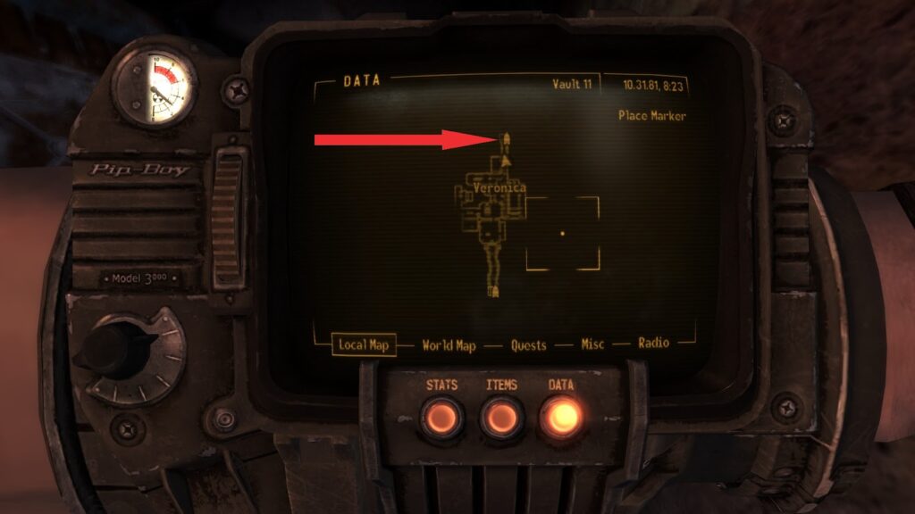 Map of the first floor of Vault 11, arrow points to the door that you must get to. | Fallout: New Vegas - Power Armor Training Perk Prerequisite Quest