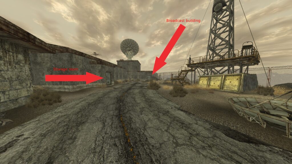 Player view of the storage room and the broadcast building. | Fallout: New Vegas - "Eyesight to the Blind" Quest Guide