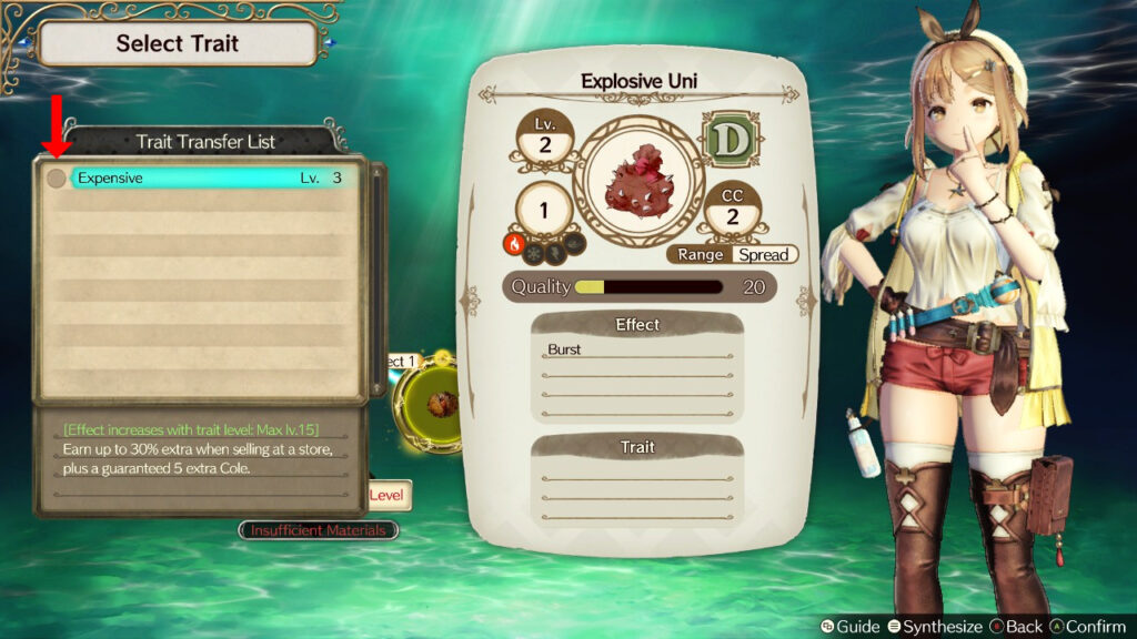 Selecting the Expensive trait and adding it to an item. | Atelier Ryza: Ever Darkness & the Secret Hideout