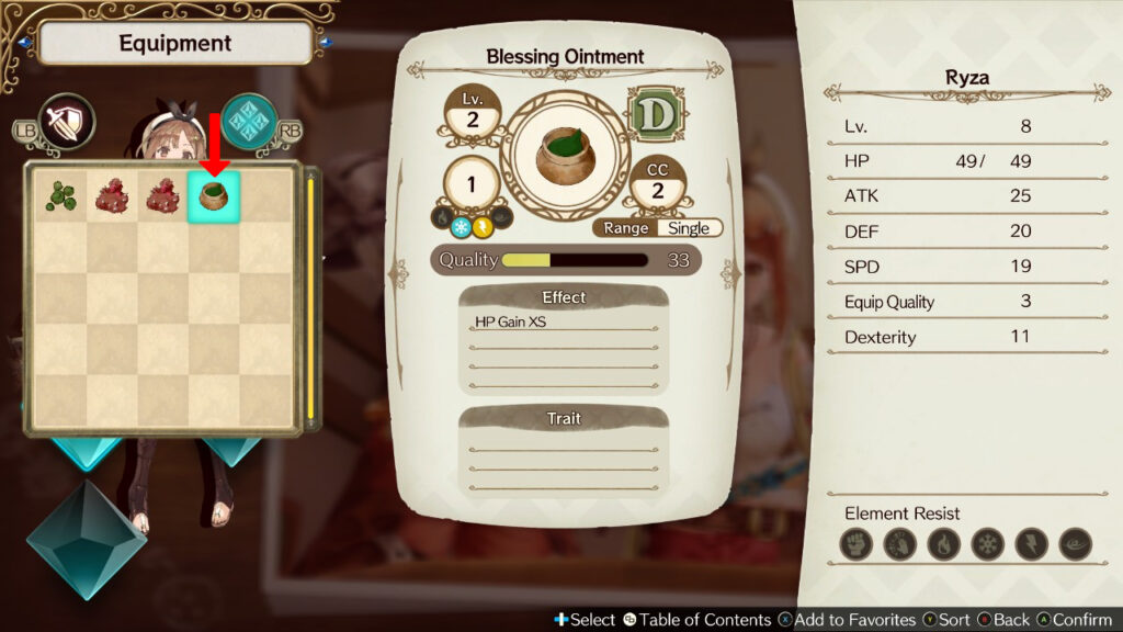 Equipping a Blessing Ointment. | Atelier Ryza: Ever Darkness & the Secret Hideout