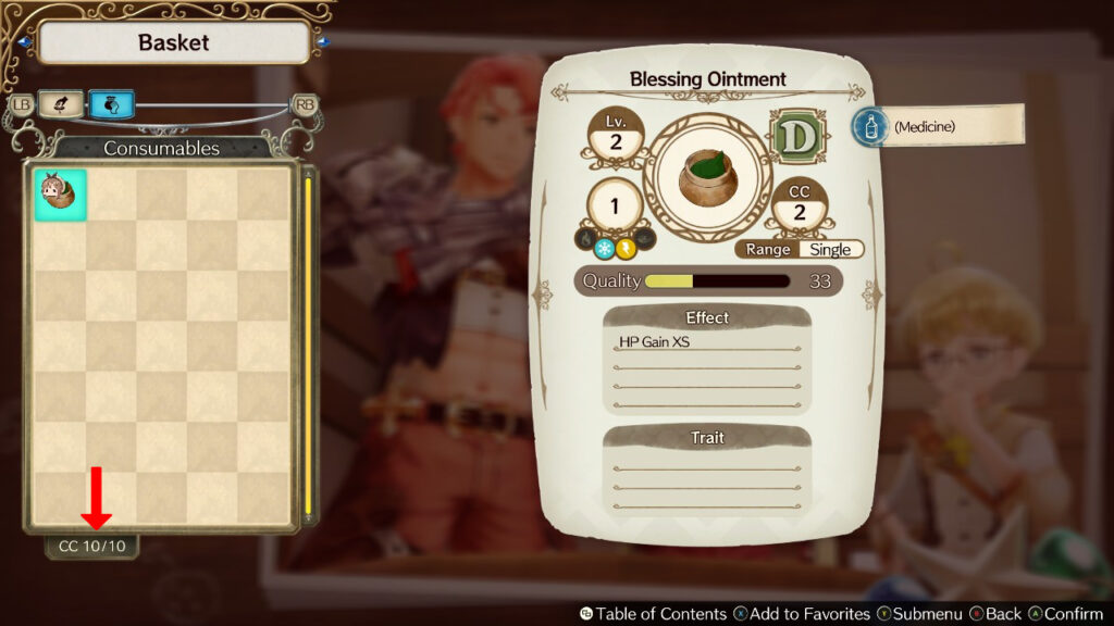 Selecting the equipped Blessing Ointment from the " Basket" tab. Notice the Core Charges (CC) on the bottom. | Atelier Ryza: Ever Darkness & the Secret Hideout
