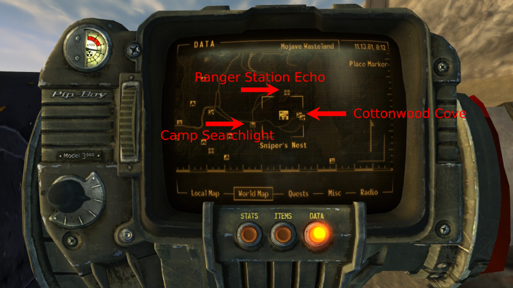Location of the Sniper's Nest on the map. | Fallout: New Vegas