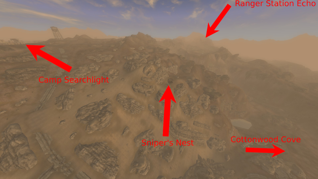 Location of the Sniper's Nest from an elevated view. | Fallout: New Vegas