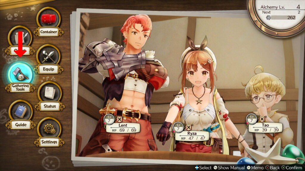 Selecting the "Gathering Tools" option from the menu. | Atelier Ryza: Ever Darkness & the Secret Hideout
