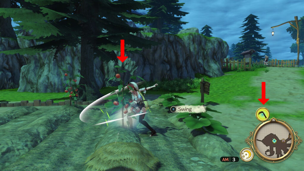Using the Reaper's Scythe to gather Kurken Fruits. Notice the Icon above the minimap. | Atelier Ryza: Ever Darkness & the Secret Hideout