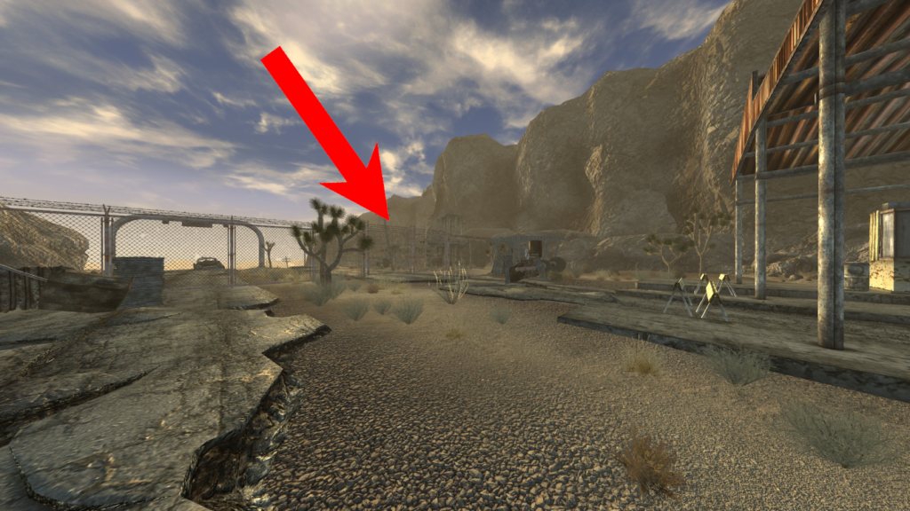 View of the gate from the center of the Mojave Outpost. | Fallout: New Vegas