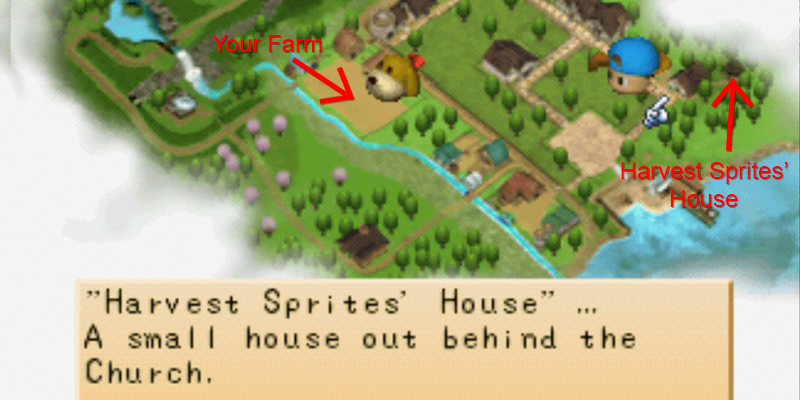 Location of the Harvest Sprites' House on the map. | Harvest Moon Back to Nature