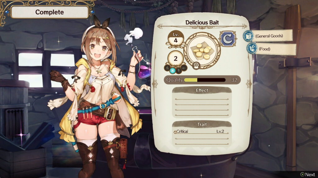 Results screen after synthesizing two Delicious Baits. You need five to complete the quest. | Atelier Ryza: Ever Darkness & the Secret Hideout