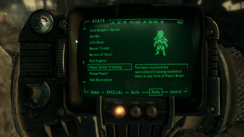 Power Armor Training Perk in the menu. | Fallout 3