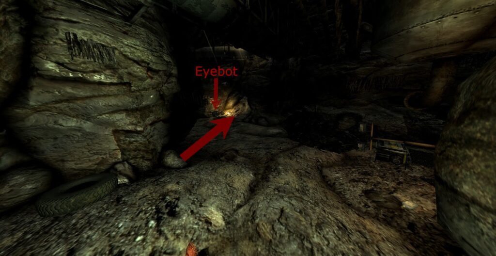 View of the cave, Eyebot marked out via an arrow. | Fallout: New Vegas