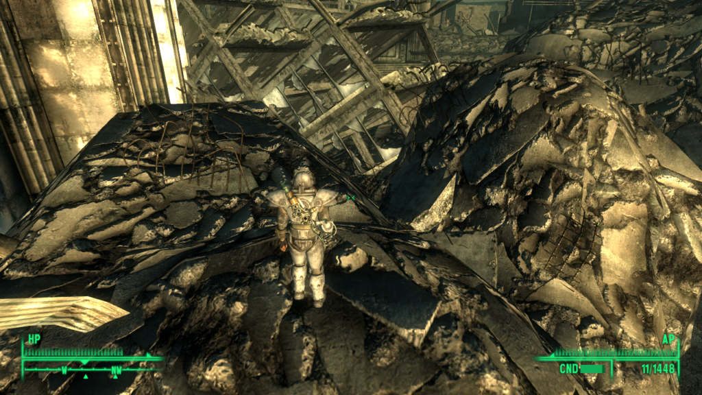 The rubble mound location near the Arlington Bridge where you can fall out of bounds. | Fallout 3