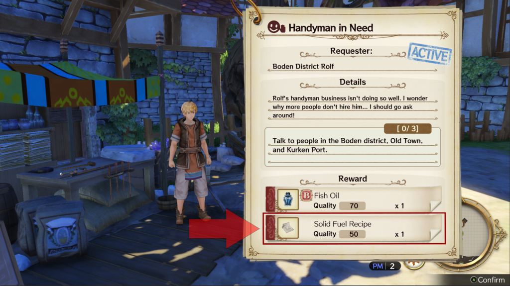 The quest gives Solid Fuel Recipe as the reward. | Atelier Ryza: Ever Darkness & the Secret Hideout
