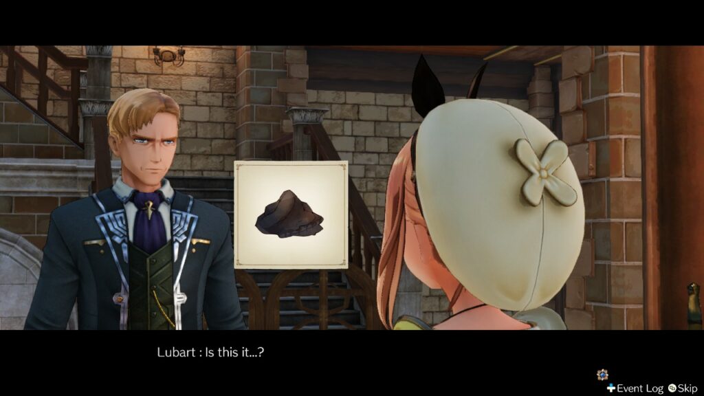 Handing over the Soft Rubber Stone to Mr. Valentz. | Atelier Ryza: Ever Darkness & the Secret Hideout
