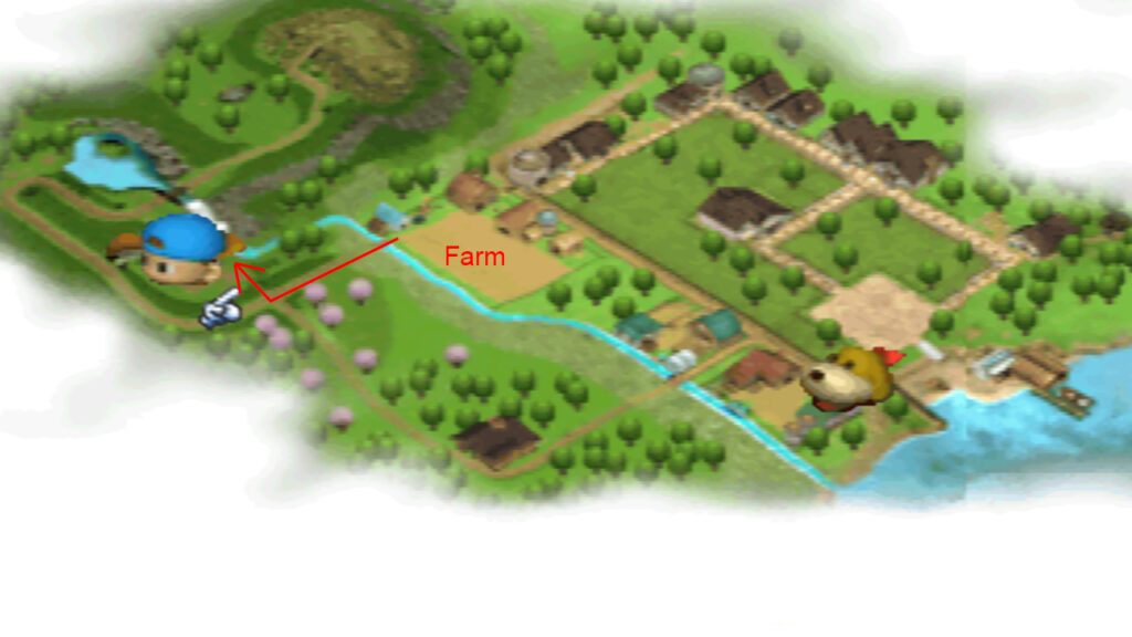 Location of the waterfall and mine in the map. | Harvest Moon Back to Nature