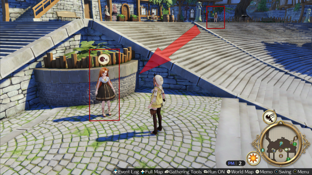 The first person to talk to is very close to Rolf. You can actually see Rolf on the top right of the image. | Atelier Ryza: Ever Darkness & the Secret Hideout