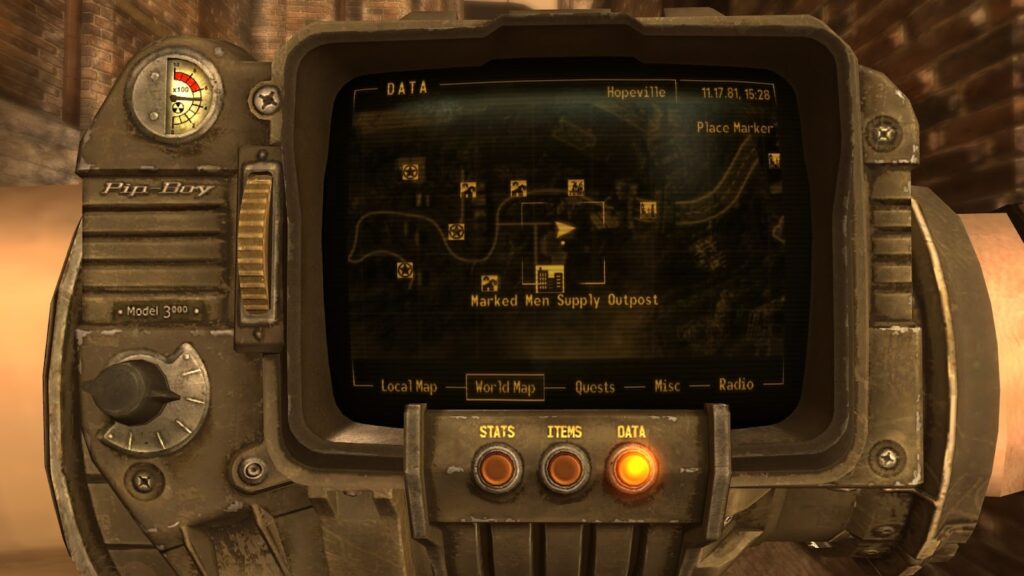 Location of the Marked Men Supply Outpost and the gate with the holotape, which is at the player's location. | Fallout: New Vegas
