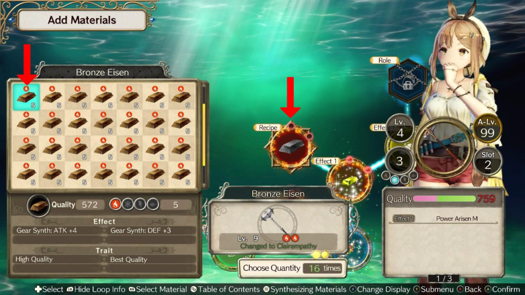 Inserting the Bronze Eisen in the Recipe loop. | Atelier Ryza: Ever Darkness & the Secret Hideout