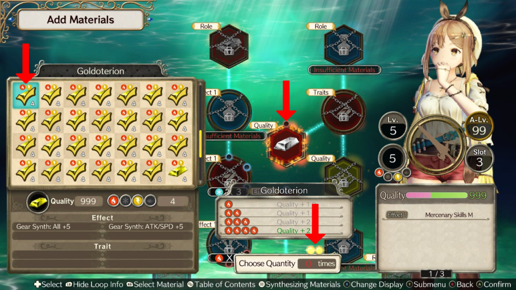 Inserting the maximum number of Goldoterion ingots in the Quality loop. | Atelier Ryza: Ever Darkness & the Secret Hideout