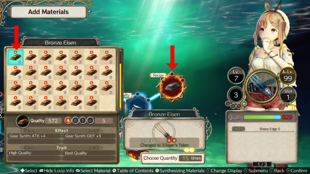 Inserting the Bronze Eisen in the Recipe loop. | Atelier Ryza: Ever Darkness & the Secret Hideout