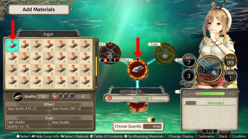 Adding an Ingot to the first Quality loop. | Atelier Ryza: Ever Darkness & the Secret Hideout