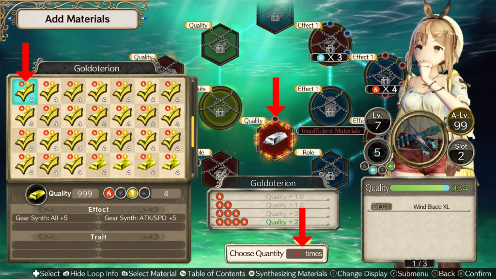 Inserting the Goldoterion ingots in the Quality loop. | Atelier Ryza: Ever Darkness & the Secret Hideout