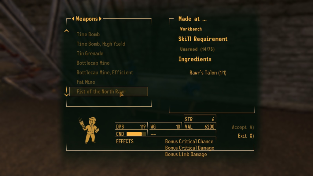 Fist of Rawr in the Workbench crafting menu | Fallout: New Vegas
