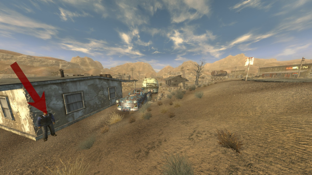 Joe Cobb leaning against a building, Prospector Saloon on the right | Fallout: New Vegas