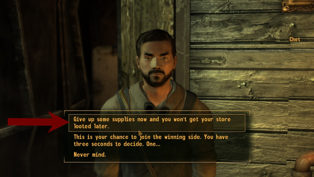 The two dialogue options that you can use. The one marked out by the arrow is the superior one as the cursor is already in the correct position. | Fallout: New Vegas
