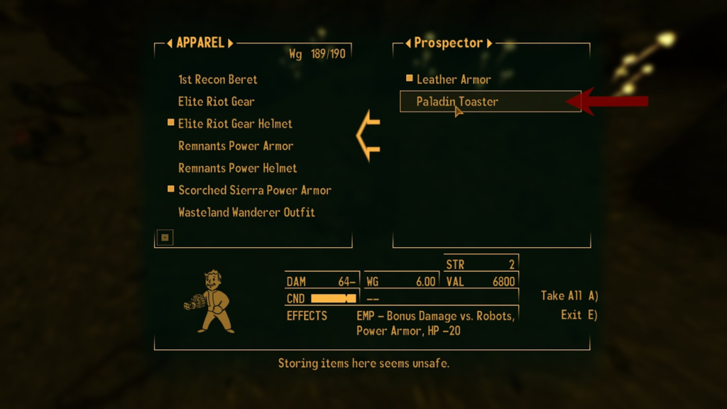 The Paladin Toaster on the Prospector's inventory | Fallout: New Vegas