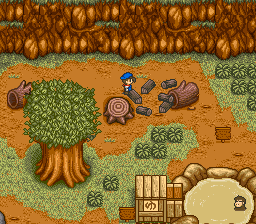 A bathing monkey admires your grit as you chop that wood | Harvest Moon SNES
