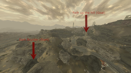 Elevated view of the ride that overlooks the Supermutant-patrolled road | Fallout: New Vegas