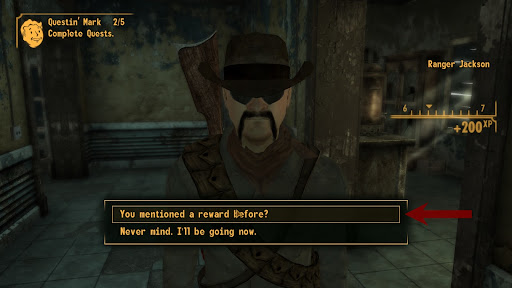 Dialogue option that mentions the reward when you speak to him | Fallout: New Vegas
