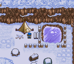 The pond is frozen during Winter, no fishing for you | Harvest Moon SNES