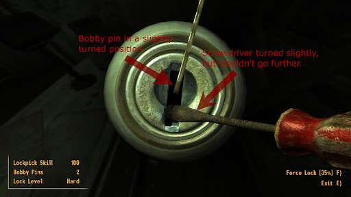 Slightly turned screwdriver. The lock is far from being unlocked | Fallout: New Vegas