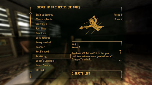 Kamikaze  trait should be avoided entirely unless you are planning on utilizing V.A.T.S. | Fallout: New Vegas