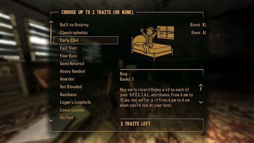 Early Bird trait with all S.P.E.C.I.A.L. attributes from 6 AM to 12 PM  | Fallout: New Vegas