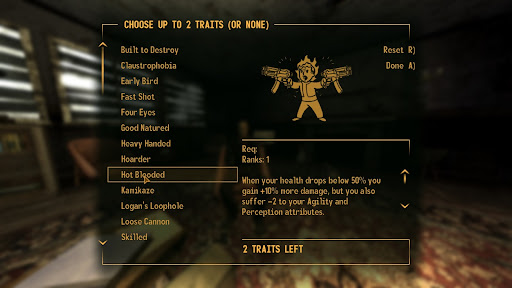 Hot Blooded +15% damage while below 50% of your max HP | Fallout: New Vegas