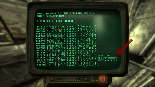A terminal where 1 incorrect password was guessed. The guess was “Feeling”, while the correct password was “Pouring”. | Fallout: New Vegas