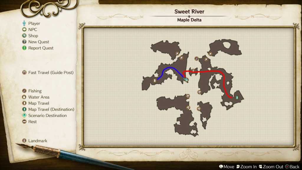 It's noticeably faster entering Sweet River from Fragrant Forest (Blue) vs. fast traveling to directly to Sweet River and walking there (Red) | Atelier Ryza: Ever Darkness & the Secret Hideout