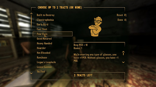 Four Eyes  trait applies its debuff to Perception while picking perks | Fallout: New Vegas