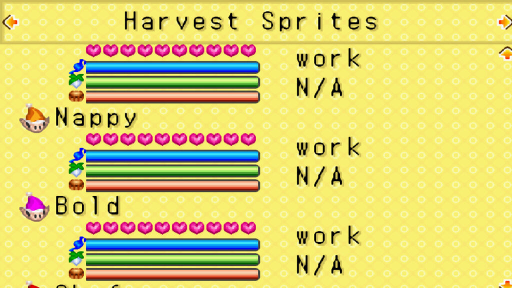 View of the “Harvest Sprites” window, showing their affection and skill levels | Harvest Moon: Friends of Mineral Town