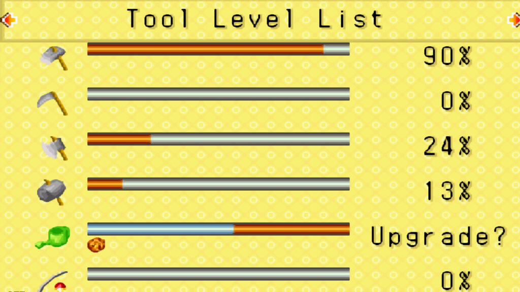 Check your tool’s experience at the Tool Level List window | Harvest Moon: Friends of Mineral Town