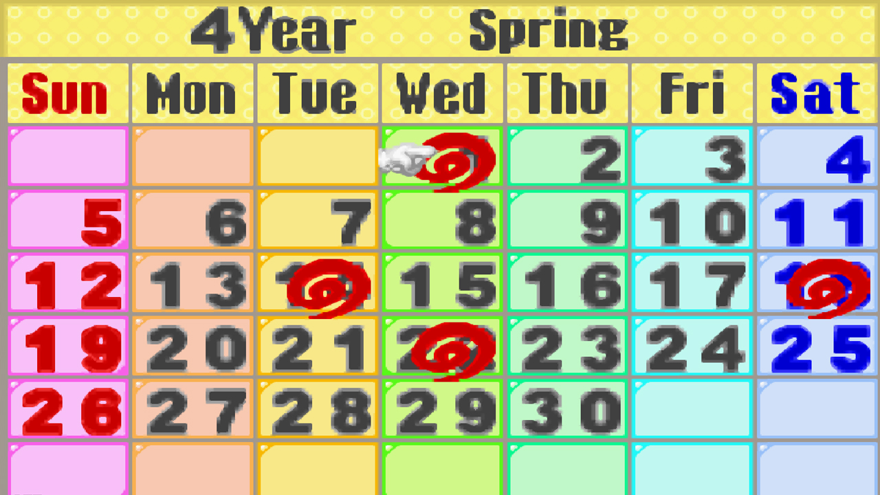 Festival dates are marked in the calendar | Harvest Moon: Friends of Mineral Town