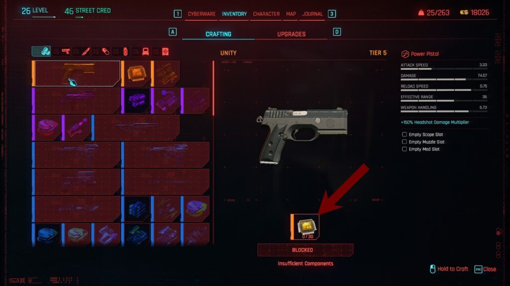 Cost of crafting a tier 5 Unity pistol after the 2.0 patch. | Cyberpunk 2077