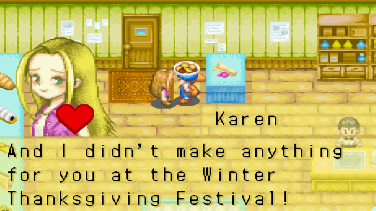 Giving cookies to Karen during the Spring Thanksgiving Festival | Harvest Moon: Friends of Mineral Town