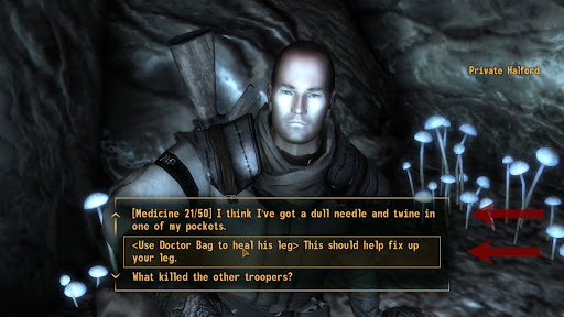 Either “<Use Doctor Bag to heal his leg> This should help fix up your leg.” or the [Medicine 50] check. | Fallout: New Vegas