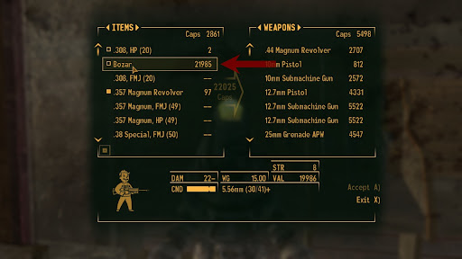 An expensive item, alphabetically below the stack of items | Fallout: New Vegas