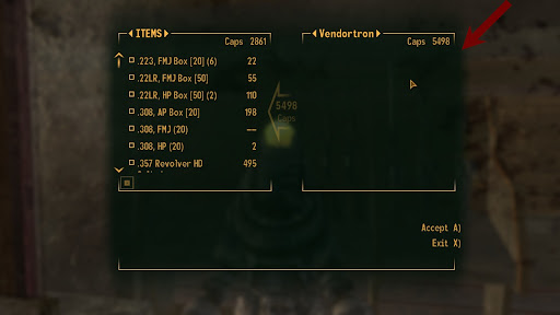 The Gun Runner’s Vendotron completely bought out, despite my courier only having 2861 caps | Fallout: New Vegas